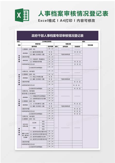 政府干部人事档案专项审核情况登记表Excel模板下载_熊猫办公