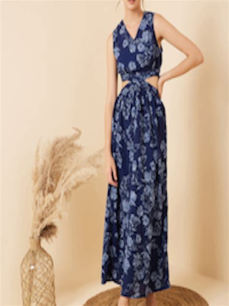 Buy RARE Blue Gathered Floral Printed Cut Outs V Neck Maxi Dress ...