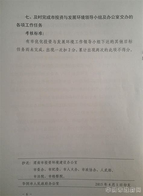华阴市人民政府办公室关于下达2015年优化投资与发展环境工作目标任务书的通知--华阴市人民政府