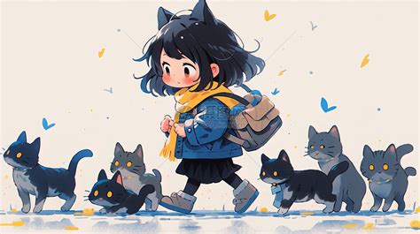 背着书包放学回家的可爱卡通猫女孩插画图片下载-正版图片402521906-摄图网