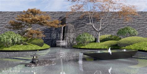 新中式跌水庭院小品 叠水景观 石头 假山水景SU模型 庭院景观SU模型