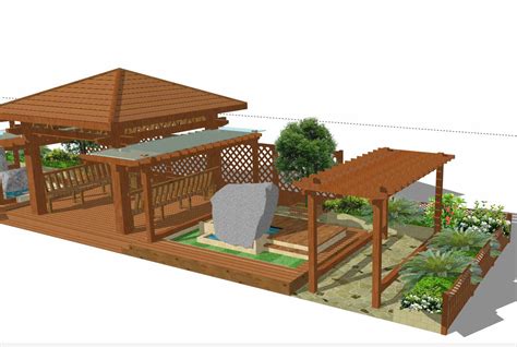 新中式精致庭院设计，木质廊架连廊休闲凉亭长椅景观石 (21)SU模型 庭院景观SU模型