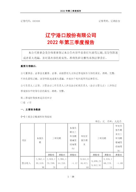 辽港股份：辽宁港口股份有限公司2022年第三季度报告