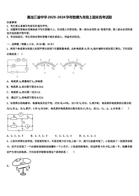 黑龙江省中学2023-2024学年物理九年级上期末统考试题-教习网|试卷下载
