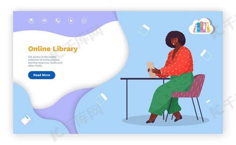 在线图书馆、网站、登陆页面概念、电子书、电子书、阅读文学、带数字平板电脑的黑人女性、媒体图书图书馆、互联网在线电子学习教育、电子图书馆。背景 ...