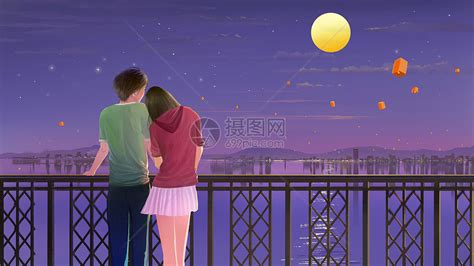 情侣在桥上看月亮插画图片下载-正版图片400430781-摄图网