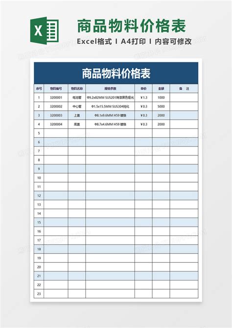 商品物料价格表Excel模板下载_熊猫办公