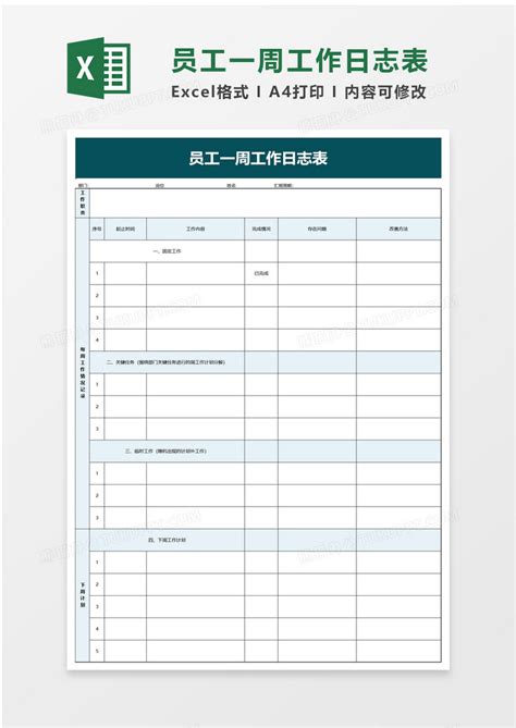 员工一周工作日志表Excel模板下载_熊猫办公