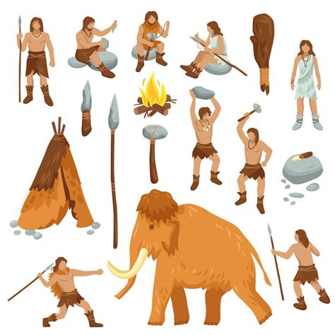 手绘风格原始社会猛犸象和狩猎的原始人图片免抠素材 – 设计盒子