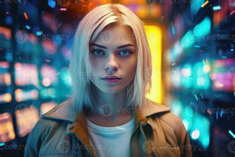 AI generated Future blond woman in neon colorful room. Generate ai ...