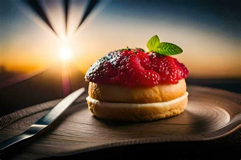 a pastry with strawberry on top on a wooden plate. AI-Generated ...