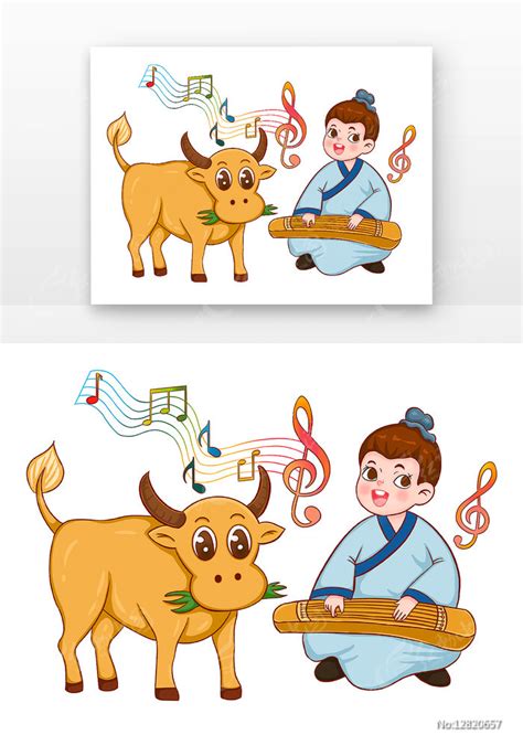 手绘对牛弹琴成语故事插图图片下载_红动中国