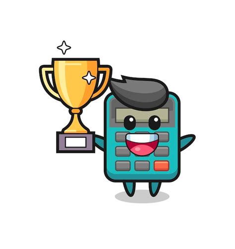 Карикатура иллюстрации калькулятора счастлива, держа золотой трофей ...