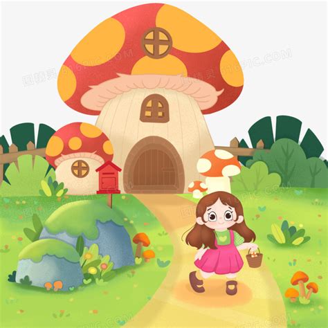 卡通梦幻蘑菇房和采蘑菇的小姑娘免抠元素图片免费下载_PNG素材_编号vd9id83od_图精灵