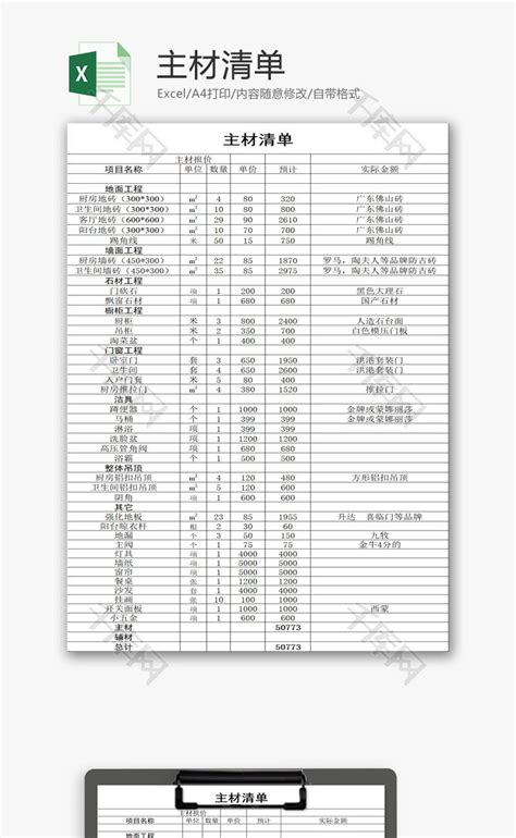 主材清单EXCEL模板_千库网(excelID：89081)