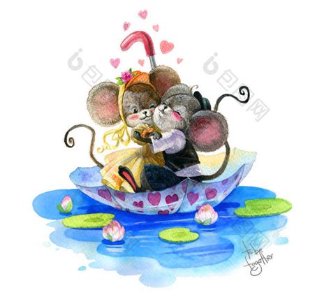 两只恋爱中的老鼠相互拥抱在水面上的伞下游-包图企业站