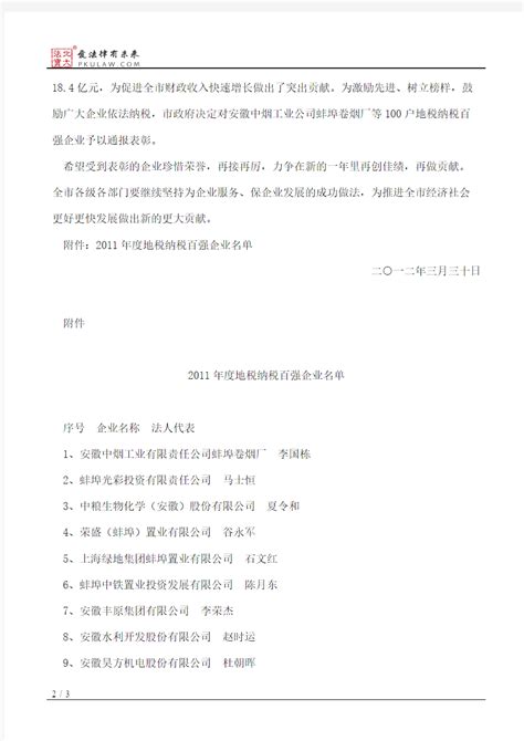 蚌埠市人民政府关于表彰2011年度地税纳税百强企业的通报_文档之家