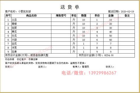 鲜生冻品瓜菜销售送货单_批发配送单据打印模板 批发配送单据打印模板