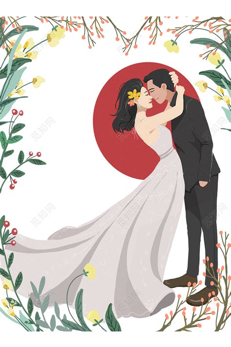 浪漫手绘卡通情侣人物婚礼结婚西装鲜花人物插画图片素材免费下载 - 觅知网