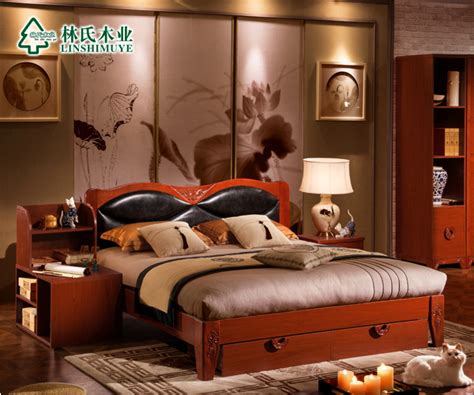 林氏家具新中式卧室实木框架布艺软靠双人床/床头柜 /电视柜 - 逛蠡口
