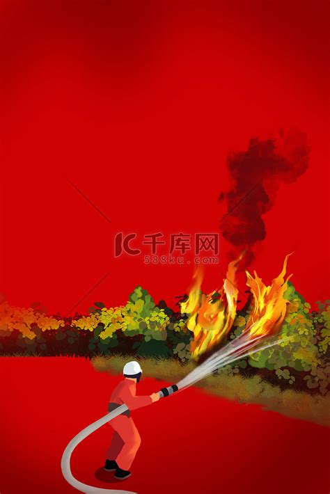 森林防火消防员红色手绘海报背景图片免费下载-千库网