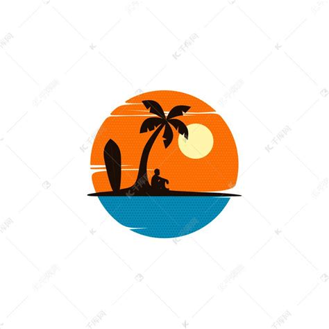 矢量海滩标志模板与日落，椰子树，渔船，帆船，和飞翔的鸟，海浪，复古的圆形设计概念插画图片素材_ID:423700913-Veer图库