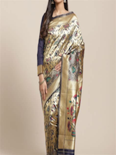 Buy Saree Mall Navy Blue & Gold Toned Warli Zari Silk Blend Heavy Work ...
