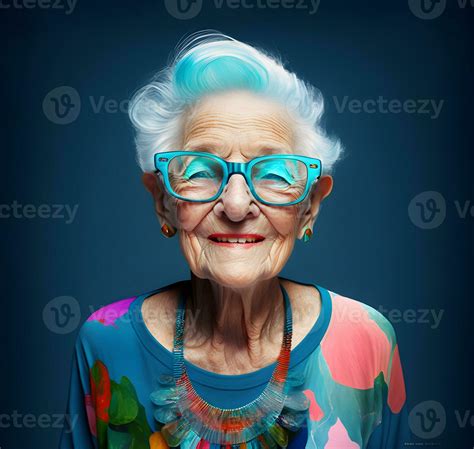 Generative AI content, Portrait of a modern elderly woman in glasses ...