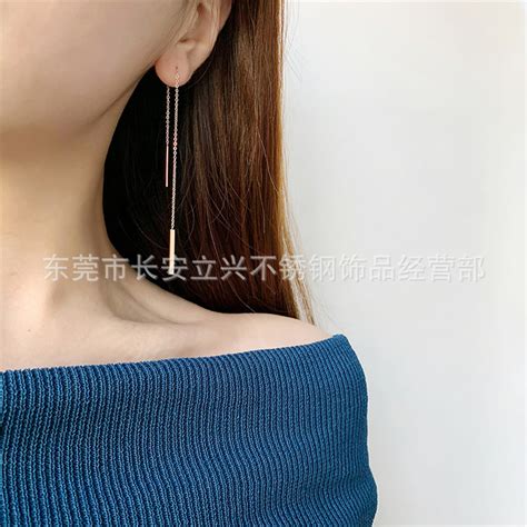 日韩版简约个性气质长款流苏链条钛钢镀18K玫瑰金耳线女耳环耳饰-阿里巴巴