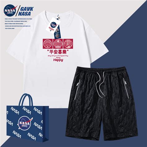 NASA GAVK 2023春夏新款套装男纯棉情侣T恤一整套提花短裤运动女_虎窝淘