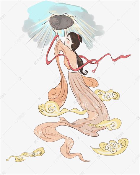 中国神话女娲补天手绘插画图片-千库网