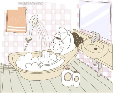 在浴缸上开心洗澡的卡通小女孩EPS素材免费下载_红动中国