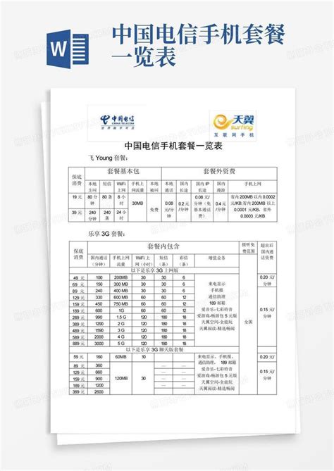 中国电信手机套餐一览表Word模板下载_编号lkmpkjar_熊猫办公