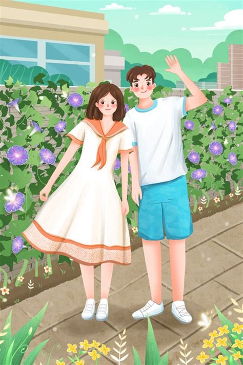 校服情侣插画图片