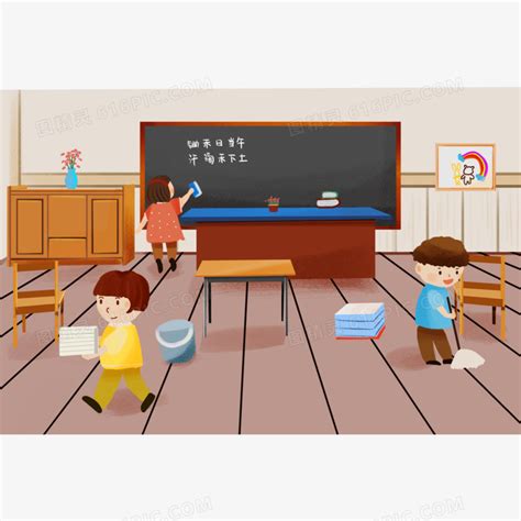 手绘卡通学生在打扫课桌和扫地插画免抠元素PNG图片素材下载_手绘PNG_熊猫办公