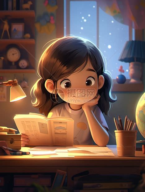 在台灯下学习的可爱卡通小女孩插画图片下载-正版图片402507139-摄图网