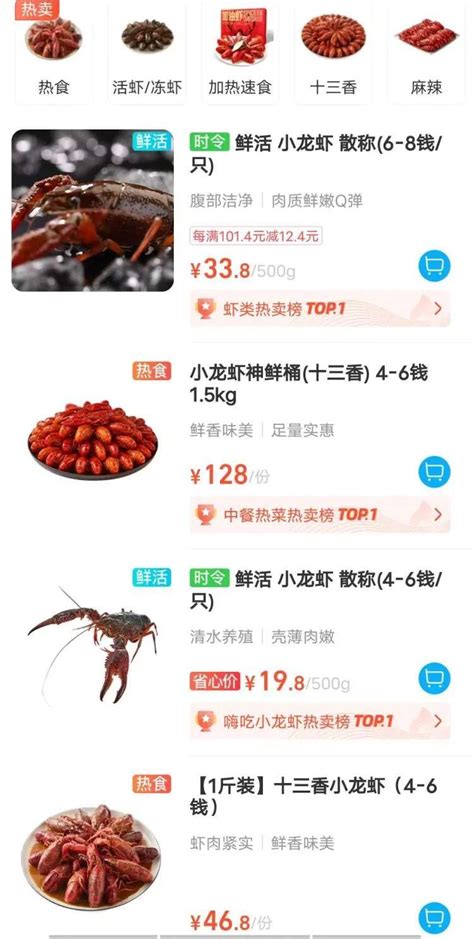 叮咚买菜APP上，鲜活小龙虾（4-6钱/只）售价为19.9元一斤，鲜活小龙虾（6-8钱/只）售价为36.5元一斤。