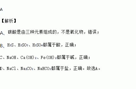 下列物质的分类.不正确的一组是A. H2O.MgO.H2CO3 都属于氧化物B. H2S.H2SO3.H2SO4 都属于酸C. NaOH ...