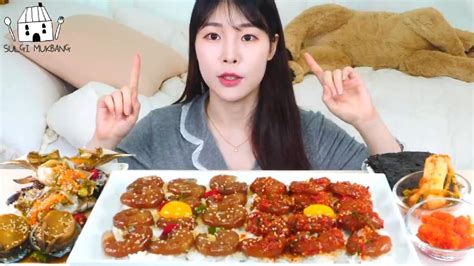 韩国声控吃播长视频，各种海鲜拌饭吃播