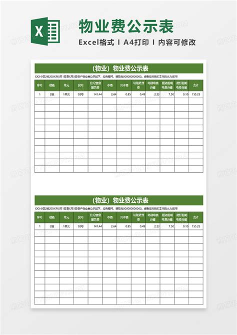 物业费公示表Excel模板下载_熊猫办公