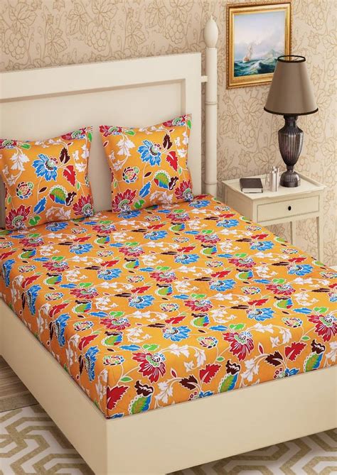 Emart 104 TC Cotton Double Floral Bedsheet (Pack of 1, Yellow) - EMART ...