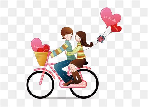 一对热恋的情侣骑着单车挂着爱心的气球爱意满满情意绵绵高清PNG素材