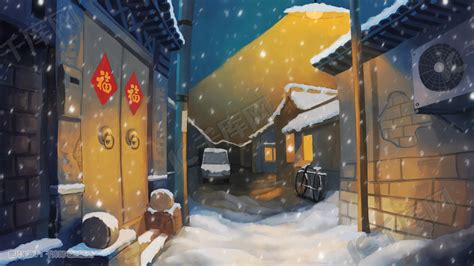 回家过年下雪街道插画图片-千库网