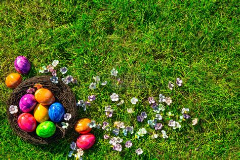 彩绘复活节彩蛋在鸟巢中，在新鲜的绿草顶视图上，复活节快乐概念背景与复制空间高清摄影大图-千库网