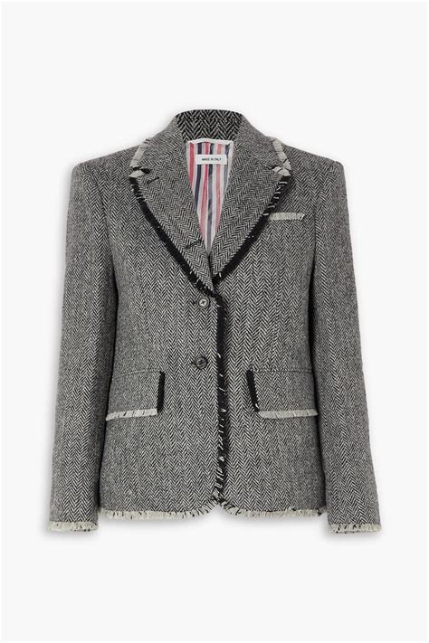 Buy Thom Browne Frayed Herringbone Wool-tweed Blazer It 36 - Black At ...