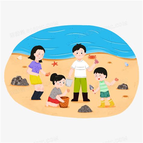 手绘一家人去海边捡贝壳元素图片免费下载_PNG素材_编号1kxi8pm5g_图精灵