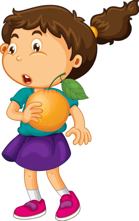personaje de dibujos animados de niña feliz sosteniendo una naranja ...