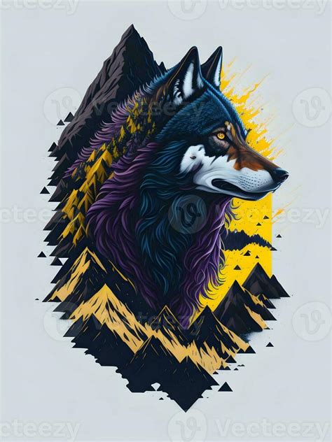 Wolf with mountain and colorful snow illustration on black background ...