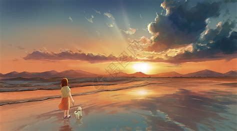 夏日海边日落美女头发在风中飘逸插画图片下载-正版图片402489624-摄图网