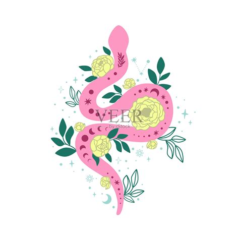 蛇。花蛇孤立在白色。粉色蛇玫瑰花叶子手绘图形元素。月相天蛇印。植物矢量插图。精神上的蛇。爬行动物的海报插画图片素材_ID:421558530 ...